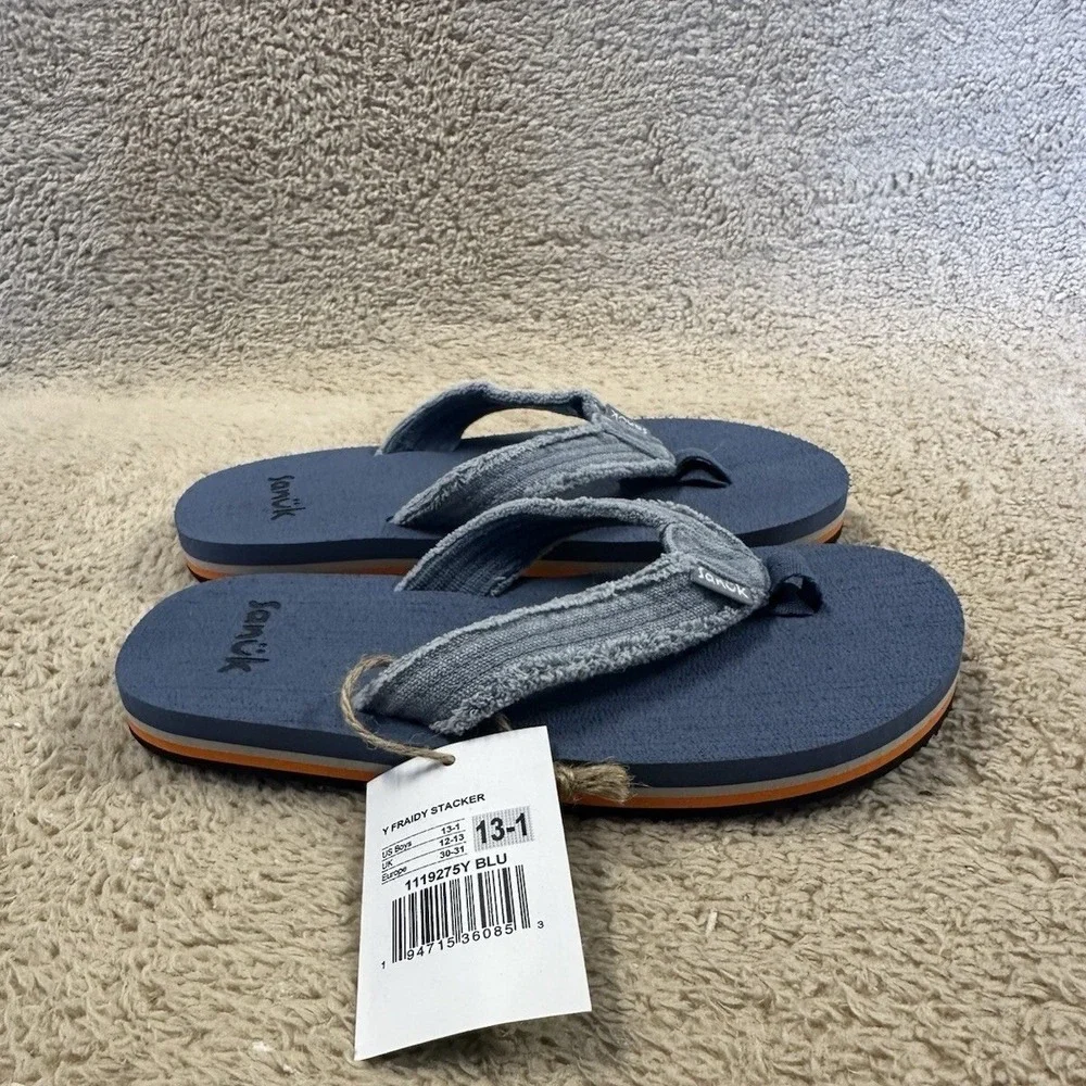 Sanuk Y Fraidy Stacker Boys Flip Flops Blue Grey Orange 1119275Y Size 13-1